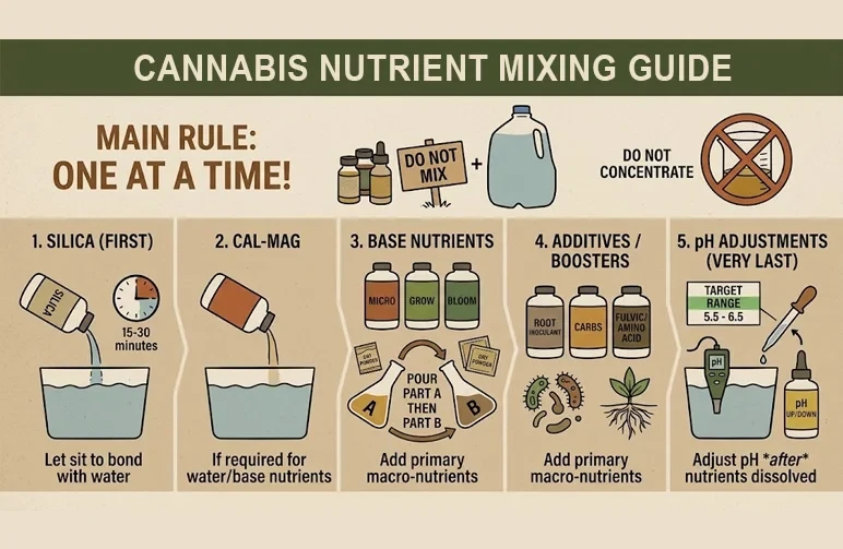 A step-by-step infographic showing the correct mixing order for cannabis nutrients: Silica first, then Cal-Mag, then Base Nutrients (Part A then Part B), followed by Additives, and finally adjusting the pH as the very last step.